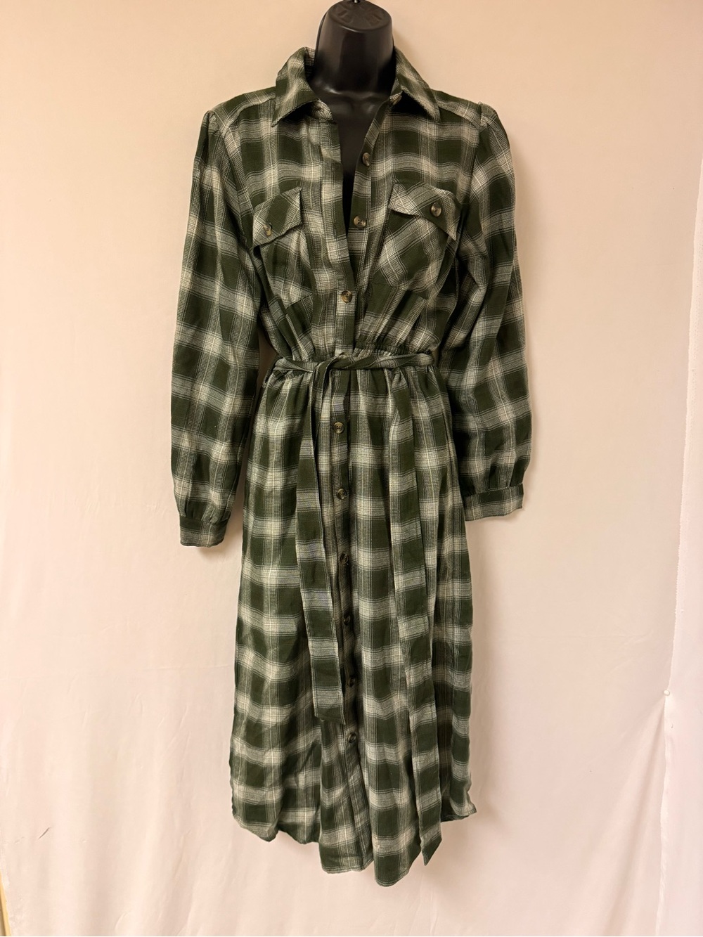 Classic Green Plaid Shirt Dress with Waist Tie
